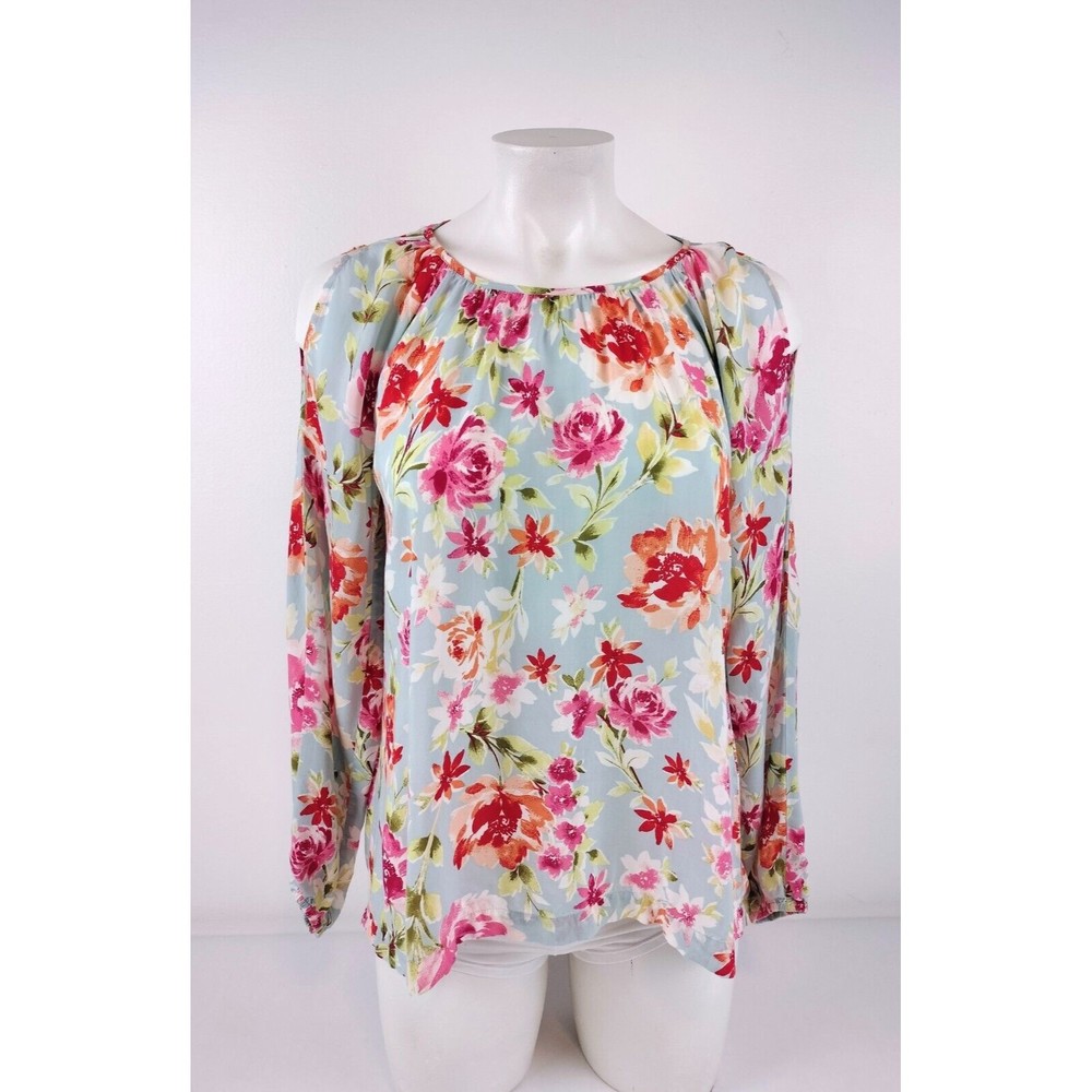 J Jill Blouse Womens Cold Shoulder Long Sleeve Blouse Multicolor Floral Size XS